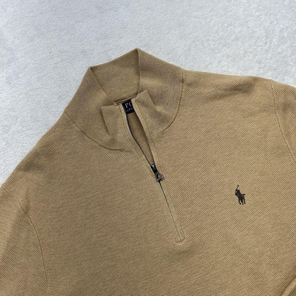 Polo Ralph Lauren Pullover Mens XL Beige 1/4 Zip Mock Neck Waffle-Knit Cotton